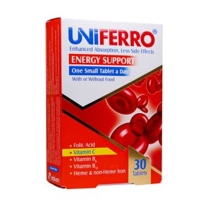 قرص آهن یونی فرو ابیان دارو 30 عددی -Uniferro-کمک به تامین آهن مورد نیاز بدن و جلوگیری از کم خونی ناشی از فقر آهن -حاوی ویتامین ث،فولیک اسید،ویتامین ب۱۲،ب۶