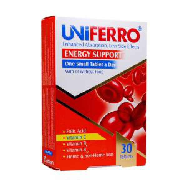 قرص آهن یونی فرو ابیان دارو 30 عددی -Uniferro-کمک به تامین آهن مورد نیاز بدن و جلوگیری از کم خونی ناشی از فقر آهن -حاوی ویتامین ث،فولیک اسید،ویتامین ب۱۲،ب۶